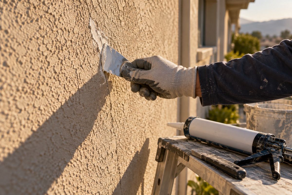 Gloved hand patching a hairline crack in a stucco wall