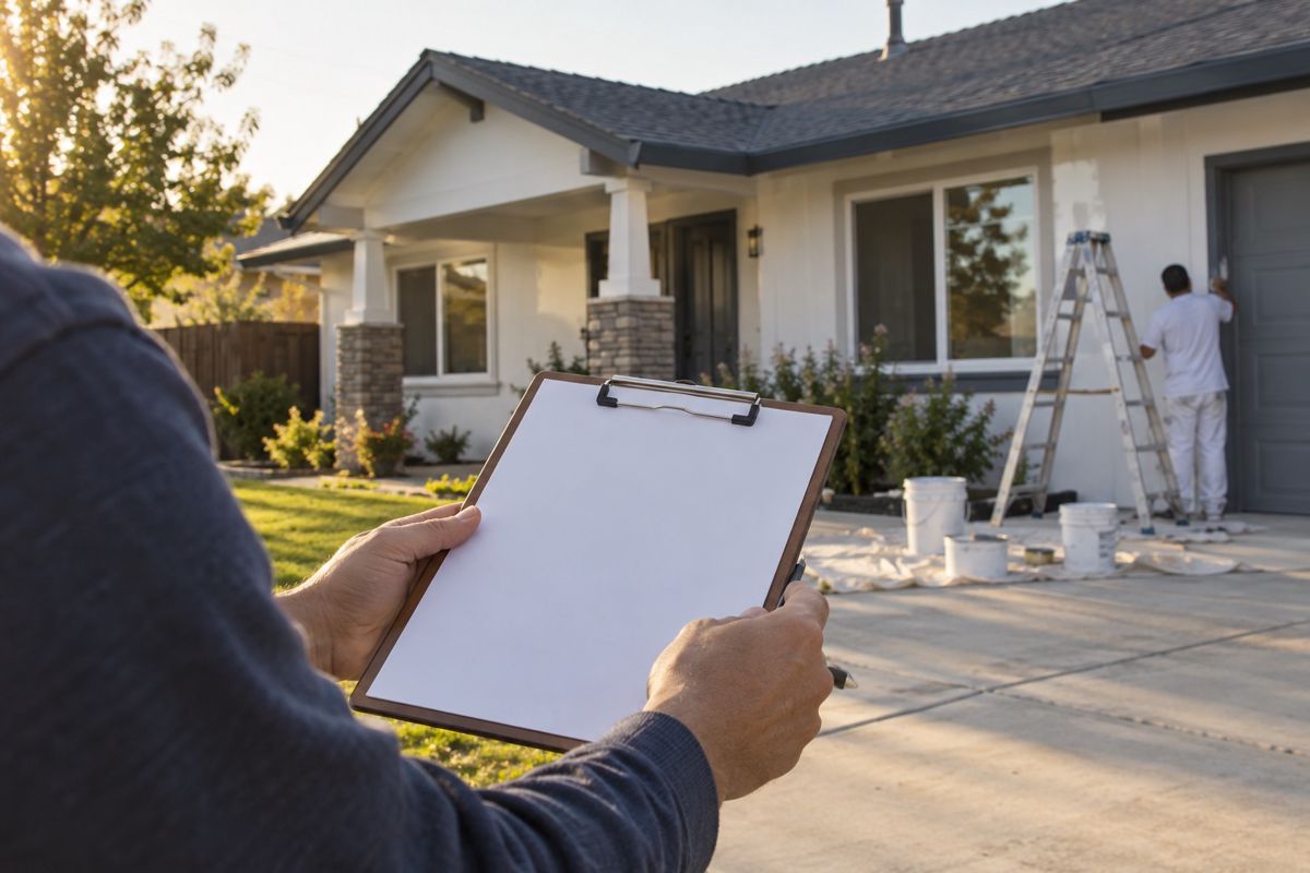 Hands holding a clipboard beside a freshly painted house
