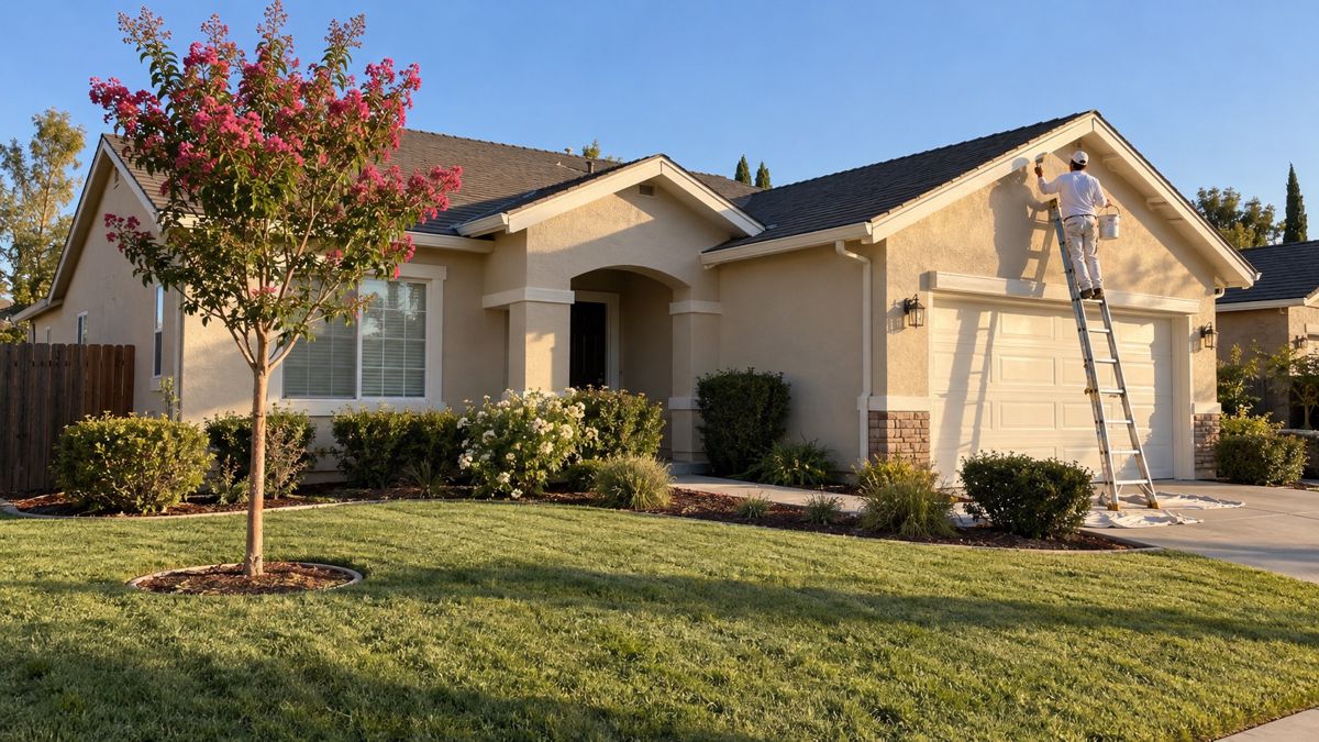 Freshly painted ranch-style stucco house in sunny Fresno neighborhood