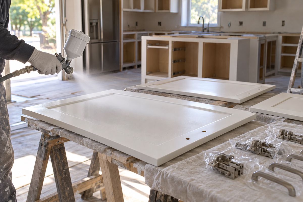 Cabinet doors being spray painted white on sawhorses