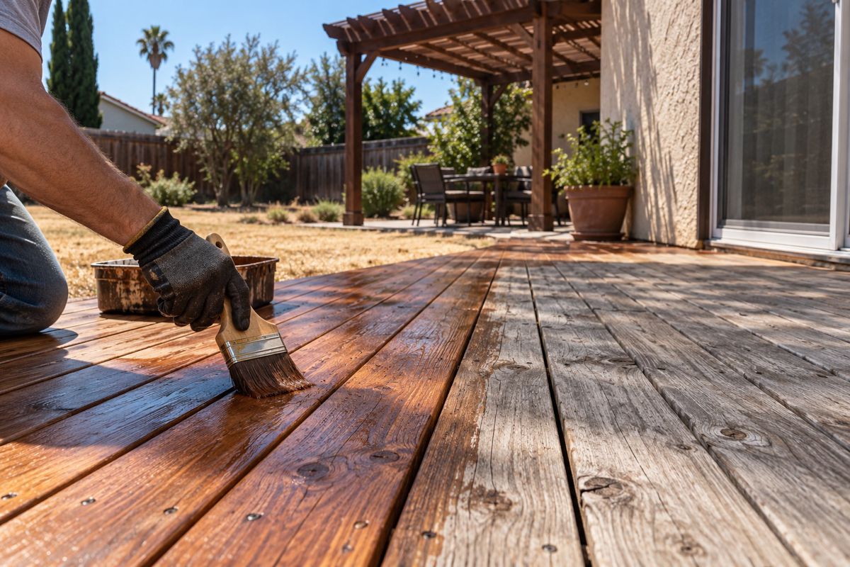 Wood deck half freshly stained and half weathered gray