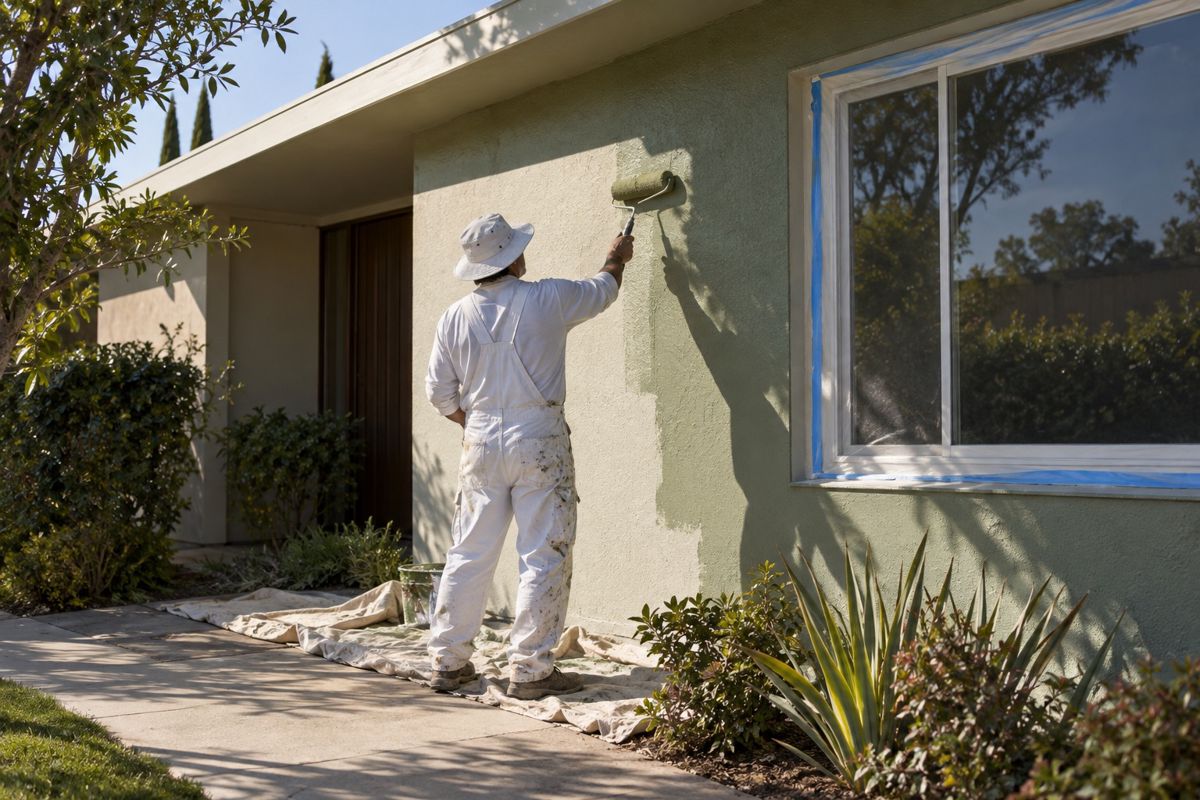 Painter rolling fresh paint onto a stucco house wall in Fresno