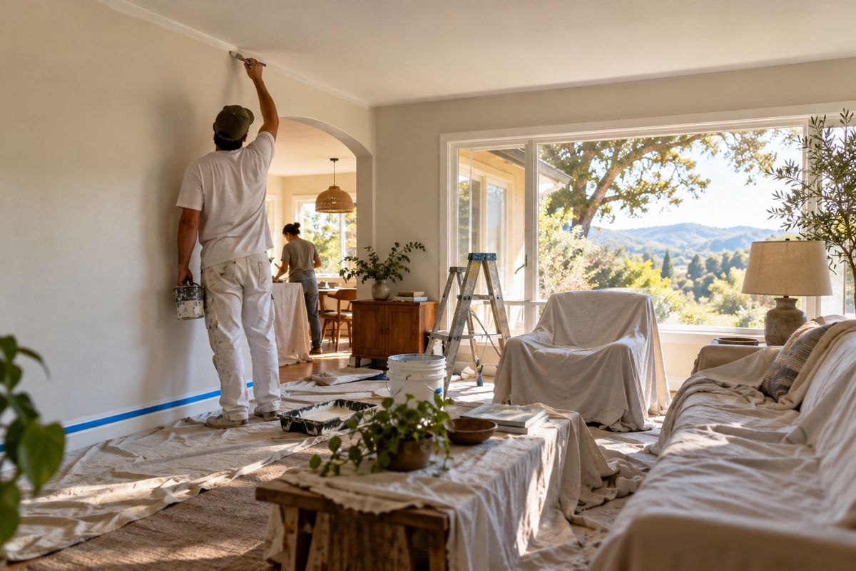 Hand cutting in paint along a ceiling edge in a bright living room